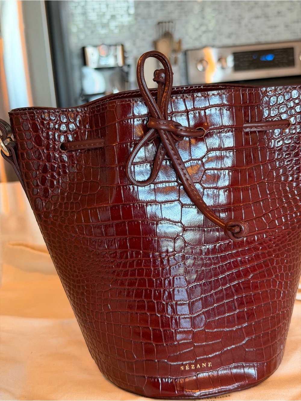 NWT Sezane Chocolate Croc-Embossed Drawstring Bucket Bag - Picture 8 of 10